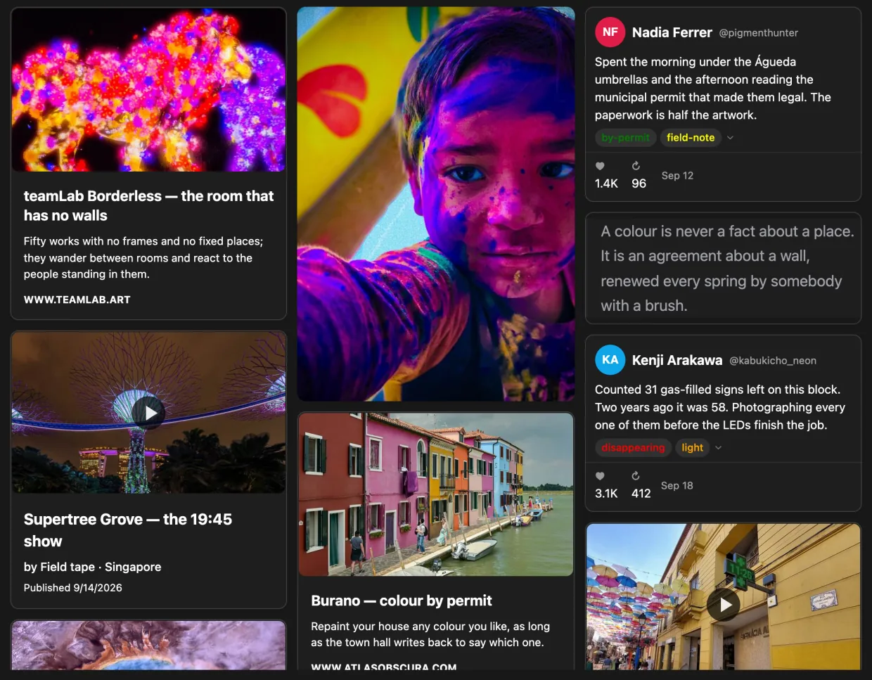 A three-column reading wall on colour — teamLab, Kusama, Holi, Chefchaouen — as link cards, each with a real photograph, title, summary and domain.